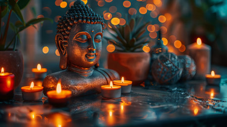 A Buddha statue seated on a tabletop.の素材