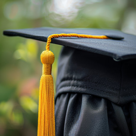 A black graduation cap with a golden tassel hanging from it against a plain background.の素材