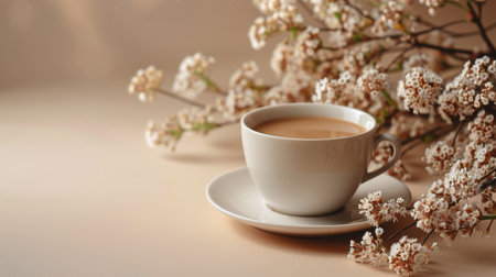 A cup of coffee sitting on top of a wooden table.の素材