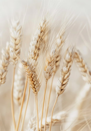 A close-up view of a cluster of ripe wheat grains illuminated by sunlight, showcasing the details of the golden seeds and stalks.の素材