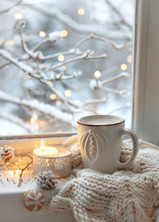 A cup of coffee rests beside a flickering candle on a window sill, creating a cozy ambiance.の素材
