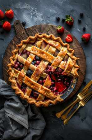 A freshly baked pie is placed on a wooden cutting board.の素材