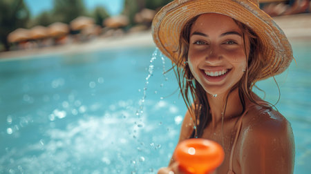 A woman wearing a hat and sunglasses stands in a pool, holding a pink ring in her hand.の素材