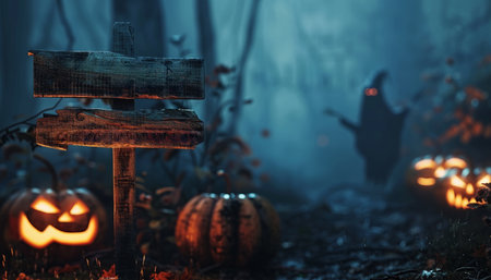 A group of intricately carved pumpkins are displayed on top of a rustic wooden sign.の素材