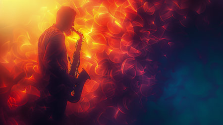 A saxophone placed on a vibrant and colorful background, showing the musical instrument in a lively setting.の素材