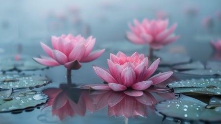 Two white water lilies rest peacefully on the surface of a calm body of water, their delicate petals glistening under the sunlight.の素材