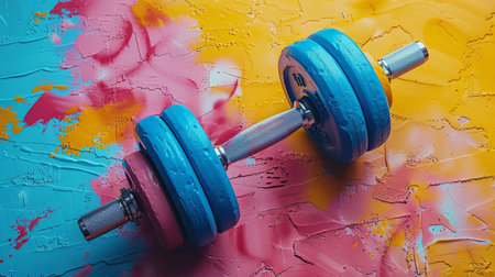 A pair of dumbbells sit on top of a vibrant, colorful wall.の素材