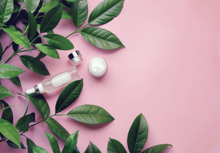 A cream bottle sits among vibrant green leaves on a soft pink background, creating a striking contrast of colors and textures.の素材
