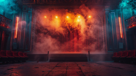 A blurry stage illuminated by bright lights, creating a dynamic and energetic atmosphere.の素材