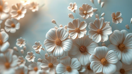 Numerous white flowers blooming on a vivid blue backdrop, creating a striking contrast in colors.の素材