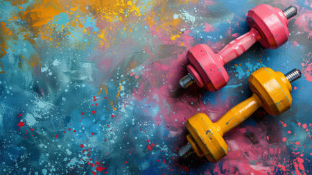 A pair of dumbbells sit on top of a vibrant, colorful wall.の素材