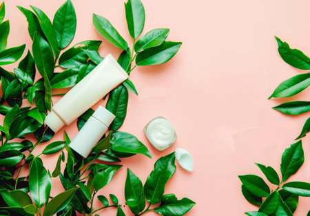 A cream bottle sits among vibrant green leaves on a soft pink background, creating a striking contrast of colors and textures.の素材