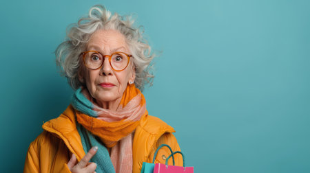 An elderly woman with glasses holds multiple shopping bags in her hands.の素材