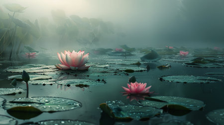 Two white water lilies rest peacefully on the surface of a calm body of water, their delicate petals glistening under the sunlight.の素材