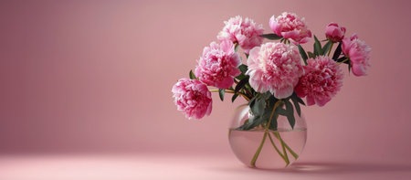 A vase filled with pink flowers sits atop a wooden table in a well-lit room.の素材