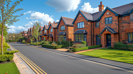 A row of houses lining a residential street, with each house featuring unique architecture and design.の素材