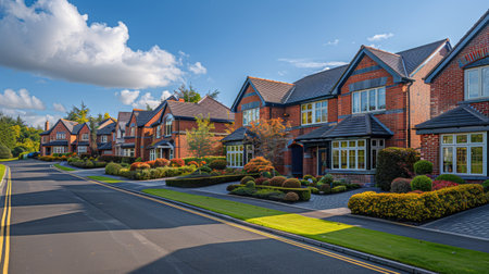 A row of houses lining a residential street, with each house featuring unique architecture and design.の素材