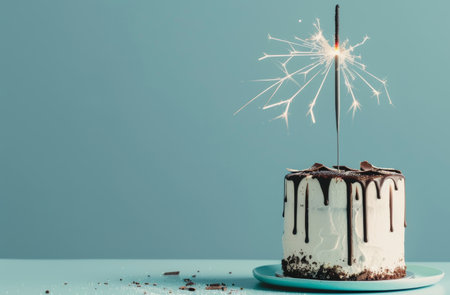 A cake with a lit sparkler on top, emitting a bright flame.の素材
