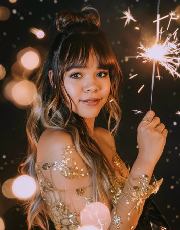 A woman holding a sparkler in her hand, creating bright sparks in the night.の素材