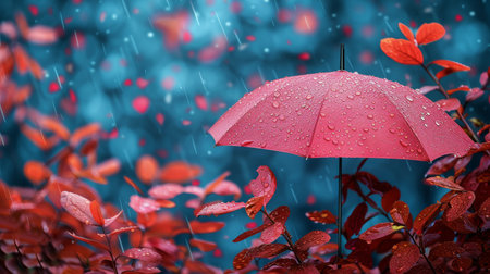 A pink umbrella stands out in the rain, surrounded by vibrant red leaves on the ground.の素材