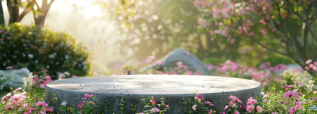 A stone table is placed in the center of a garden, surrounded by a variety of colorful flowers in full bloom. The table is weathered, contrasting with the vibrant petals and greenery.の素材