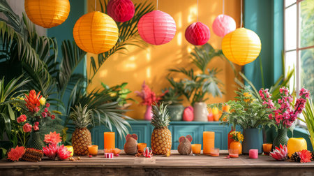 A table topped with ripe pineapples and lit candles.の素材