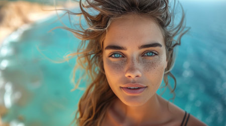 A detailed view of a person with protective goggles on.の素材