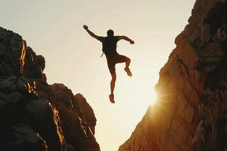 A man leaps off a cliff into the air, showing a daring and exhilarating activity.の素材