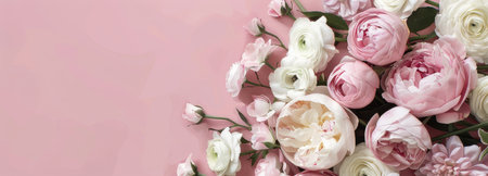 A cluster of pink and white flowers beautifully contrasts against a pink wall, creating a visually striking display.の素材