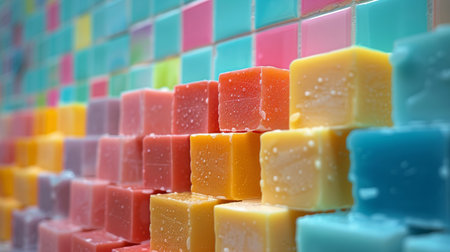 A stack of soap bars sitting on top of a wooden table, arranged neatly in rows.の素材