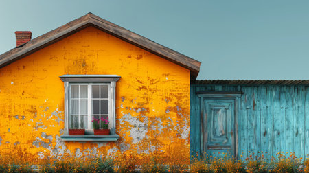 A yellow house with a blue door and window set against a clear sky.の素材