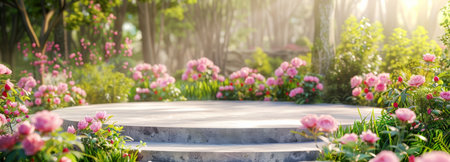A stone table is placed in the center of a garden, surrounded by a variety of colorful flowers in full bloom. The table is weathered, contrasting with the vibrant petals and greenery.の素材
