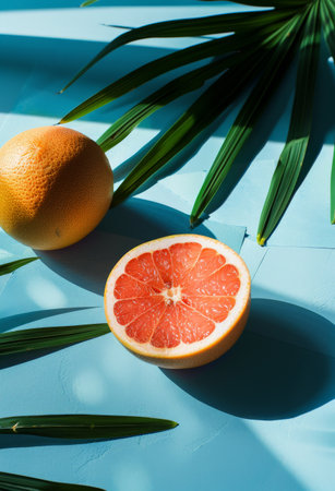 Oranges and grapefruits arranged with palm leaves on a vibrant blue background.の素材
