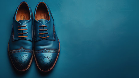 A pair of blue shoes with brown laces placed on a white surface.の素材