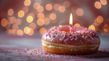 A pink frosted donut featuring a candle sticking out of it, creating a whimsical and celebratory dessert.の素材