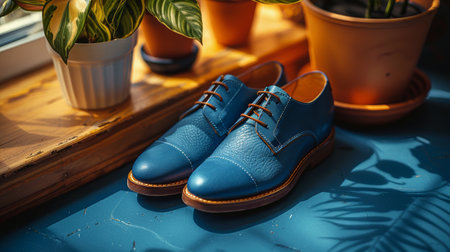 A pair of blue shoes with brown laces placed on a white surface.の素材