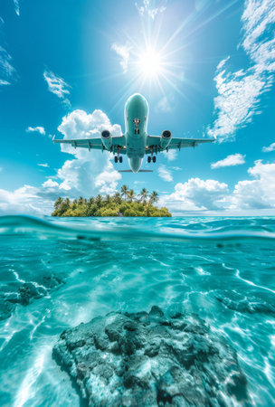 An airplane flies above a small island in the vast ocean, showing the contrast between man-made machinery and untouched nature.の素材