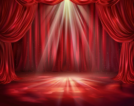 A stage with vibrant red curtains drawn back, revealing the glowing lights and empty performance area. The stage is set for an upcoming show, with anticipation in the air.の素材
