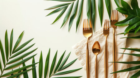 A set of four gold colored forks and spoons arranged neatly on a table, reflecting light and showing their elegant design and shiny surface.の素材
