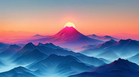 A stunning sight of a mountain range standing tall as the sun sets in the background, creating a beautiful silhouette against the colorful sky.の素材