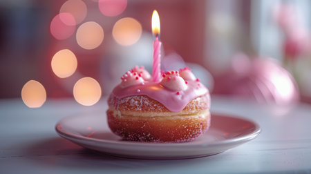 A pink frosted donut featuring a candle sticking out of it, creating a whimsical and celebratory dessert.の素材