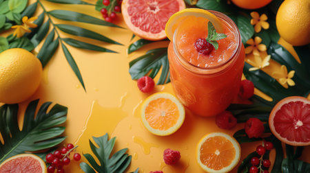 A glass of orange juice sits on a table, surrounded by fresh citrus fruits.の素材