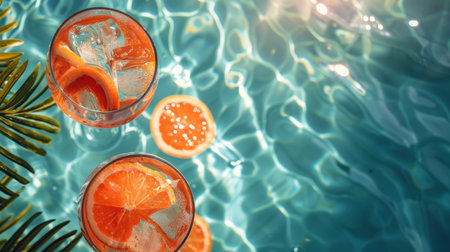 A vibrant blue background adorned with bright oranges, starfish, trendy sunglasses, and lush palm leaves.の素材