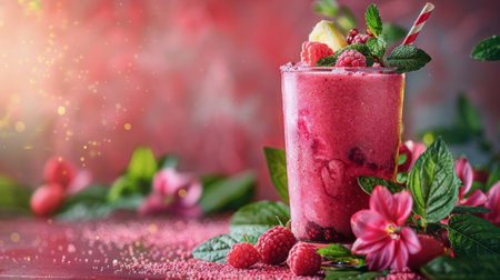 A pink smoothie topped with fresh strawberries, placed on a table.の素材