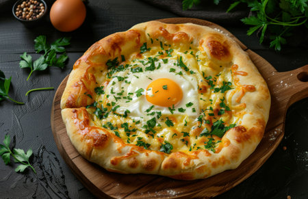A pizza topped with a freshly cracked egg, ready to be baked in the oven.の素材