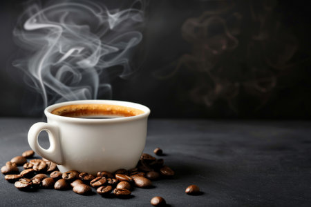 A white ceramic cup filled with hot coffee, emitting steam into the air.の素材