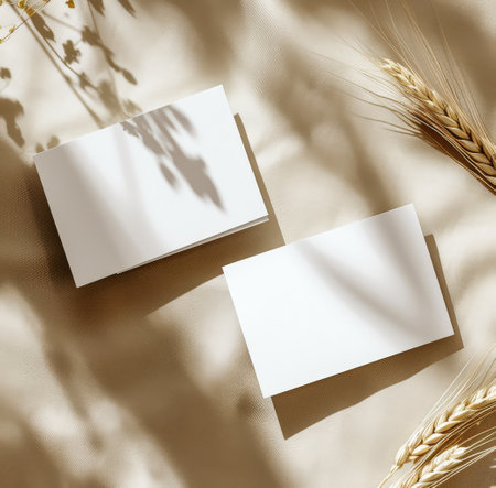 Detailed view of a sheet of paper surrounded by stalks of wheat, showing the textures and colors of the items.の素材