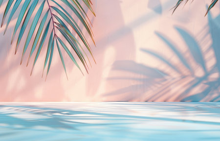 A palm tree casting a shadow on a wall under the bright sunlight.の素材