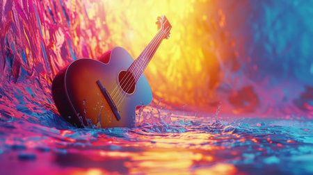 An acoustic guitar floats on the surface of a pool of clear water, reflecting the blue sky above.の素材