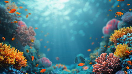 Lush flowers and plants bloom beneath the surface of the water, creating a vibrant and colorful underwater scene.の素材